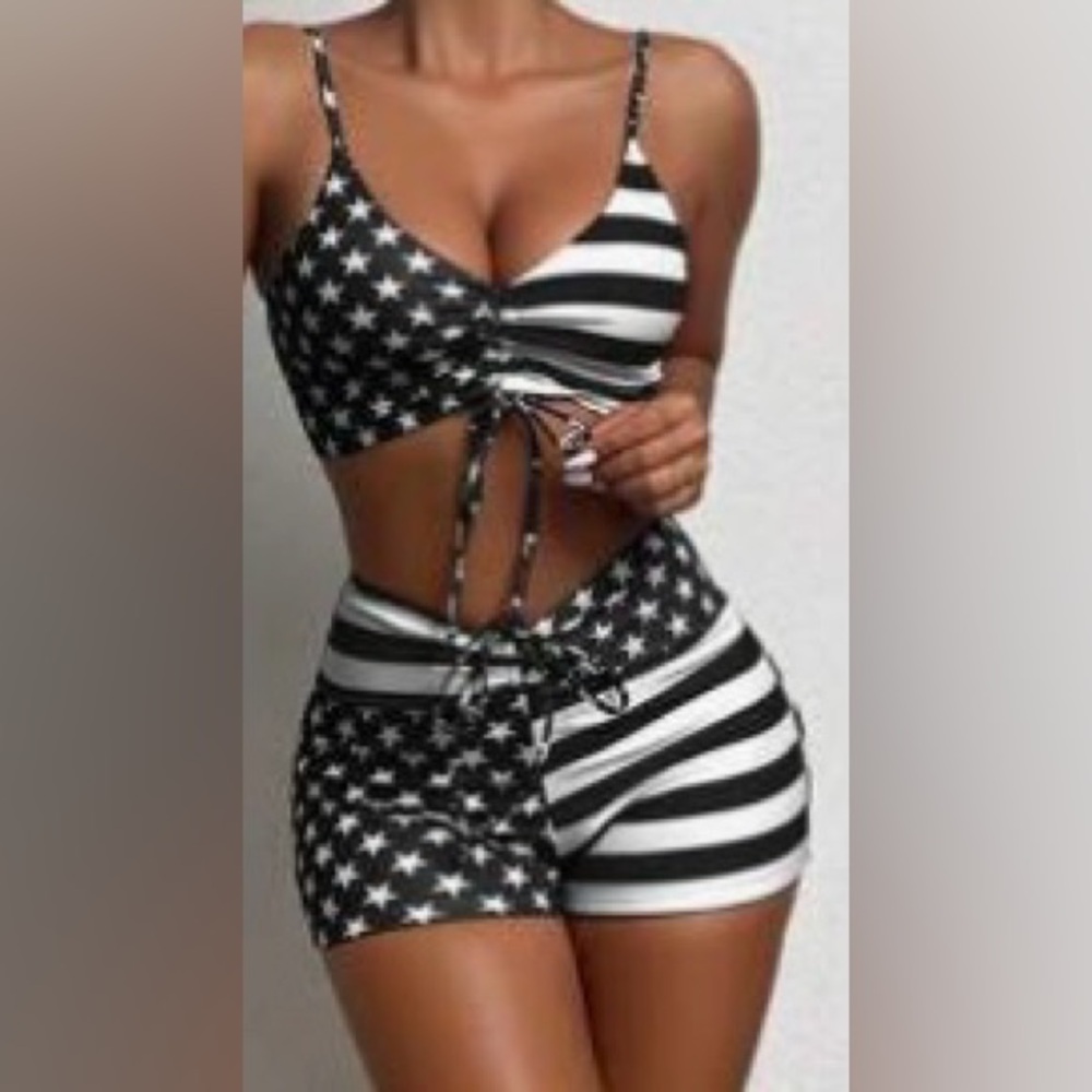 Black and White Star Striped Bikini Set New